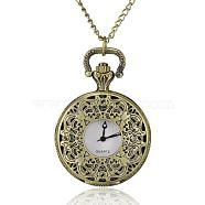 Filigree Flat Round Alloy Quartz Pocket Watches, with Iron Chains and Lobster Claw Clasps, Antique Bronze, 31.4 inch, Watch Head: 56x39x14mm, Watch Face: 28mm(WACH-N039-14AB)