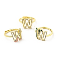 Mixed Color Enamel Initial Letter Adjustable Ring with Clear Cubic Zirconia, Real 18K Gold Plated Brass Jewelry for Women, Cadmium Free & Lead Free, Letter.W, US Size 5 1/4(16mm), Letter.W: 14x13mm(RJEW-P045-01G-W)