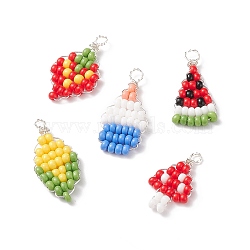 Baking Paint Glass Seed Beaded Pendants, with Eco-Friendly Copper Wire, Strawberry & Corn & Cake, Mixed Color, 23~30x12.5~16x3~3.4mm, Hole: 2~3mm, 5pcs/set(PALLOY-JF01823)