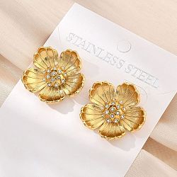 304 Stainless Steel Stud Earrings, with Rhinestone, Flower, Real 18K Gold Plated, 25.5x26.5mm(EJEW-Z084-04G)