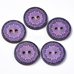 2-Hole Printed Wooden Buttons, Flat Round with Floral Pattern, Undyed, Purple, 25x2.5~3mm, Hole: 2mm(X-BUTT-ZX004-01B-15)