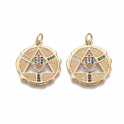 Brass Micro Pave Cubic Zirconia Pendants, with Jump Ring, Nickel Free, Flat Round with Hamsa Hand, Colorful, Real 18K Gold Plated, 22.5x20.5x2.5mm, Hole: 3mm(KK-R133-015G-NF)