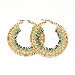 304 Stainless Steel Hoop Earrings, Beaded Hoop Earrings, with Glass Beads, Ring, Golden, Bisque, 51.5x49x4mm(EJEW-O090-F01)