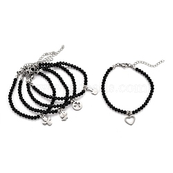 304 Stainless Steel Charm Bracelets, with Rondelle Glass Beads, Faceted, Mixed Shapes, Black, Stainless Steel Color, 6-7/8 inch(17.6cm)(BJEW-I292-29M-P)