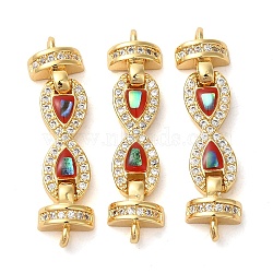 Rack Plating Brass Micro Pave Clear Cubic Zirconia Infinity Links Connector Charms, with Enamel & Shell, Real 18K Gold Plated, Long-Lasting Plated, Lead Free & Cadmium Free, FireBrick, 8x30x4mm, Hole: 1.2mm(KK-K385-103G-03)