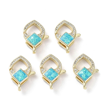 Rack Plating Brass Micro Pave Cubic Zirconia Lobster Claw Clasps, with Synthetic Opal, Cadmium Free & Lead Free, Long-Lasting Plated, Real 18K Gold Plated, Rhombus, 20x14x6mm, Hole: 1.5mm