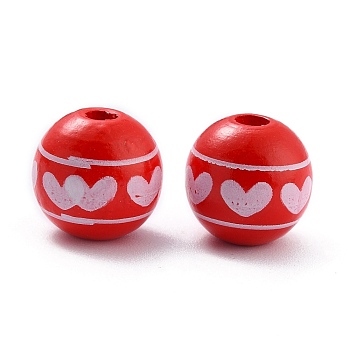 Painted Natural Wood Beads, Round with Heart Pattern, FireBrick, 16x15mm, Hole: 4.5mm