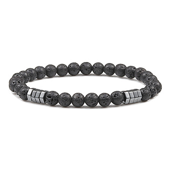 6mm Natural Lava Rock Round Beaded Stretch Bracelets, with Hexagon Beads for Women Men