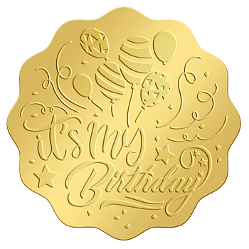 Self Adhesive Gold Foil Embossed Stickers, Medal Decoration Sticker, Birthday Themed Pattern, 50x50mm