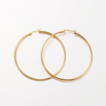 Ion Plating(IP) 304 Stainless Steel Hoop Earrings, Hypoallergenic Earrings, Ring Shape, Real 18K Gold Plated, 55x2mm, 12 Gauge, Pin: 1x0.7mm