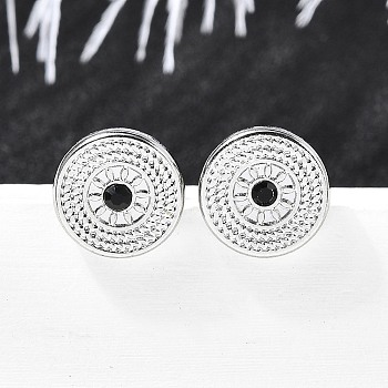 304 Stainless Steel Stud Earrings, with Rhinestone, Flat Round, Stainless Steel Color, 11mm