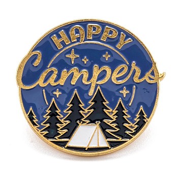 Alloy Enamel Brooches, Enamel Pin, with Butterfly Clutches, Flat Round with Word Happy Campers, Colorful, Golden, 26x28mm