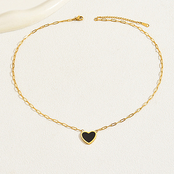 Natural Shell Heart Pendant Necklaces with Golden Stainless Steel Paperclip Chains, Black, 18.11 inch(46cm)