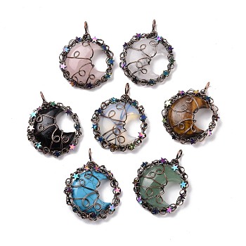 Natural & Synthetic Stone Big Pendants, with Red Copper Tone Rack Plating Brass Findings and Star Non-magnetic Synthetic Hematite, Cadmium Free & Lead Free, Flat Round with Moon Charm, Mixed Dyed and Undyed, 56~58x42.5~45x10~10.5mm, Hole: 5mm