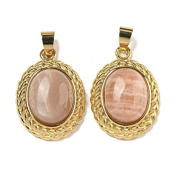 Natural Sunstone Oval Pendants, Rack Plating Brass Gems Charms, Golden, 27.5x19.5x8mm, Hole: 5x4mm