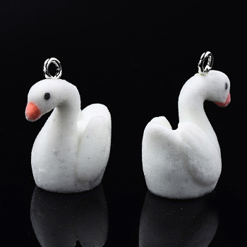 Flocky Resin Pendants, with Platinum Plated Iron Loops, Swan, White, 27x23x15.5mm, Hole: 2.5mm