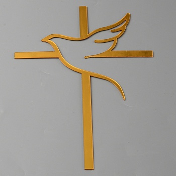 Acrylic Mirror Cake Toppers, Cake Insert Cards, for Cake Decoration, Cross with Bird, Gold, 150x105x1mm