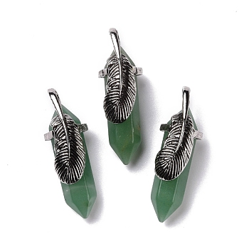 Natural Green Aventurine Pendants, with Antique Silver Tone Brass Findings, Cadmium Free & Lead Free, Double Terminal Pointed Bullet with Leaf, 44~47x14~15x14~15mm, Hole: 6.2x3.5mm