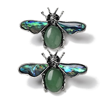 Tibetan Style Alloy Insect Brooches, with Natural Green Aventurine and Natural Paua Shell, Antique Silver, 36x56.5x13mm