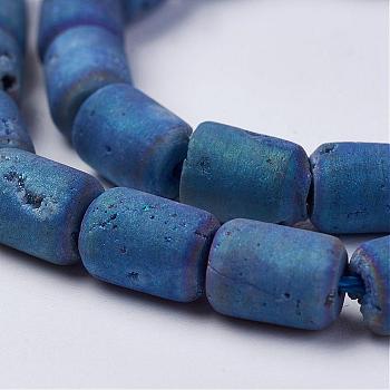 Electroplated Natural Druzy Geode Agate Bead Strands, Barrel, Blue, 8~8.5x6mm, Hole: 0.5mm, about 24pcs/strand, 7.87 inch