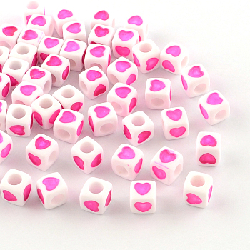 Opaque Acrylic European Beads, Large Hole Cube Beads, with Heart Pattern, Fuchsia, 7x7x7mm, Hole: 4mm
