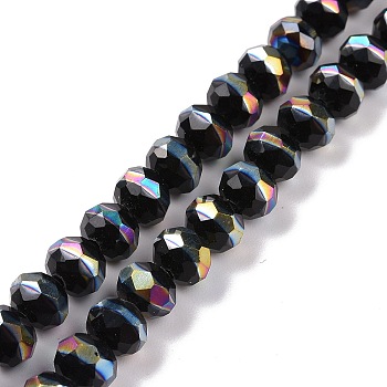 Electroplate Glass Beads Strands, Faceted, Rondelle, Half Rainbow Plated, Black, 7.5~8x6.5~7mm, Hole: 1.4mm, about 65pcs/strand, 16.77 inch(42.6cm)
