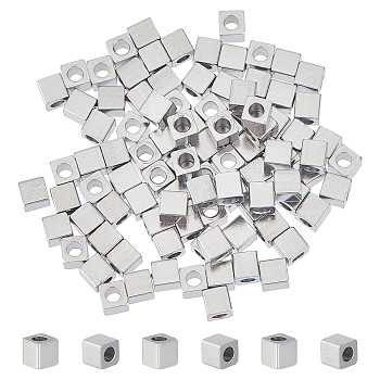 304 Stainless Steel Beads, Cube, Stainless Steel Color, 3x3x3mm, Hole: 1.6mm, 100pcs/box