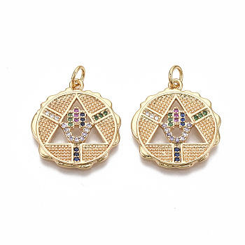 Brass Micro Pave Cubic Zirconia Pendants, with Jump Ring, Nickel Free, Flat Round with Hamsa Hand, Colorful, Real 18K Gold Plated, 22.5x20.5x2.5mm, Hole: 3mm