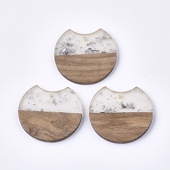 Resin & Wood Pendants, with Silver Foil, Gap Flat Round, Silver, 33~34x37x3~4mm, Hole: 1.8~2mm