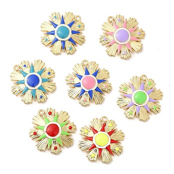 Brass Enamel Pendants, Lead Free & Cadmium Free, Real 18K Gold, Long-Lasting Plated, Flower Charm, Mixed Color, 25x24x4mm, Hole: 1.6mm