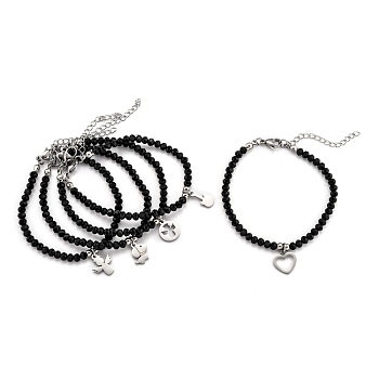 304 Stainless Steel Charm Bracelets, with Rondelle Glass Beads, Faceted, Mixed Shapes, Black, Stainless Steel Color, 6-7/8 inch(17.6cm)
