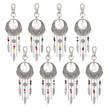 8Pcs Woven Net/Web with Feather Tibetan Style Alloy Pendant Decorations, with Synthetic Turquoise Lobster Clasp Charms, Clip-on Charms, for Keychain, Purse, Backpack Ornament, 137mm long, Pendant: 106x42.5x5.5mm