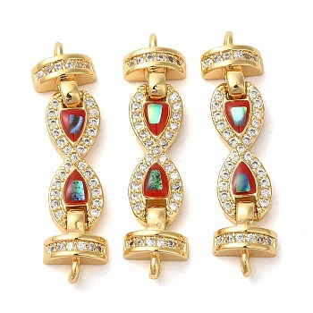 Rack Plating Brass Micro Pave Clear Cubic Zirconia Infinity Links Connector Charms, with Enamel & Shell, Real 18K Gold Plated, Long-Lasting Plated, Lead Free & Cadmium Free, FireBrick, 8x30x4mm, Hole: 1.2mm