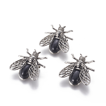 Natural Black Agate Brooches, with Brass Findings, Cicada, Antique Silver, 38x36x8mm, Pin: 0.6mm