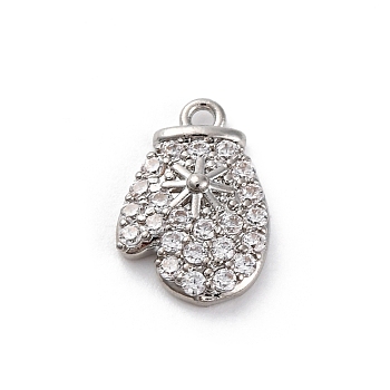 Christmas Series Brass Micro Pave Cubic Zirconia Pendants, Lead Free & Cadmium Free Charms, Gloves, 9x14x3.5mm, Hole: 1.4mm