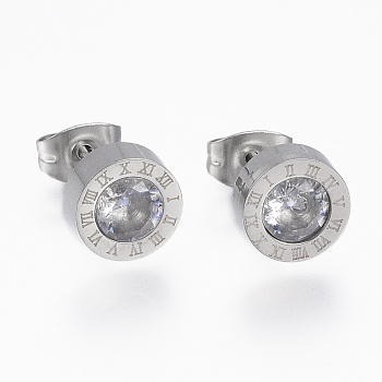304 Stainless Steel Stud Earrings, with Cubic Zirconia, Flat Round Carved Roman Numberals, Stainless Steel Color, 8x3.5mm, Pin: 0.8mm