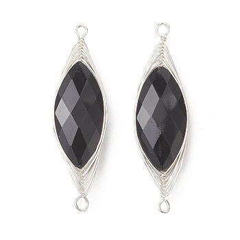 Horse Eye Faceted Glass Copper Wire Wrapped Connector Charms, Black, Silver, 45~46x12.5x7.5mm, Hole: 1.5~2.2mm