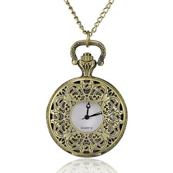 Filigree Flat Round Alloy Quartz Pocket Watches, with Iron Chains and Lobster Claw Clasps, Antique Bronze, 31.4 inch, Watch Head: 56x39x14mm, Watch Face: 28mm