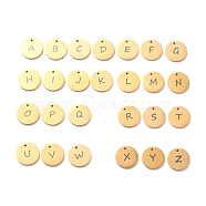 Vacuum Plating 304 Stainless Steel Charms, Laser Cut, Flat Round with Black Letter, Golden, Letter A~Z, 15x1mm, Hole: 1.2mm, 26pcs/set(STAS-B023-02G)