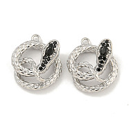 Brass Micro Pave Cubic Zirconia Pendants, Snake, Black, Real Platinum Plated, 16x14x6mm, Hole: 1mm(KK-S386-23P-01)