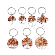 Natural Carnelian Chip & Alloy Tree of Life Pendant Keychain, with Iron Split Key Rings, 5.9~6.8cm(KEYC-JKC00648-04)