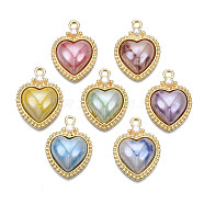 Rack Plating Alloy Pendants, with Porcelain and ABS Plastic Imitation Pearl, Long-Lasting Plated, Golden, Cadmium Free & Lead Free, Heart, Mixed Color, 16x22x6mm, Hole: 2mm(PALLOY-Q444-001-RS)