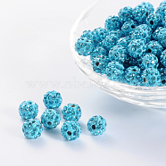 Pave Disco Ball Beads, Polymer Clay Rhinestone Beads, Round, Aquamarine, PP13(1.9~2mm), 5 Rows Rhinestone, 8mm, Hole: 1mm(RB-A140-8mm-6)