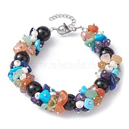 Natural Black Onyx Round & Mixed Stone Chips & Pearl Beaded Bracelet, 7-7/8 inch(20cm)(BJEW-JB09631-01)