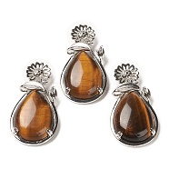 Natural Tiger Eye Pendants, with Brass Findings, Flower with Teardrop, 56x28x8mm, Hole: 5x2.5mm(G-A031-02P-07)