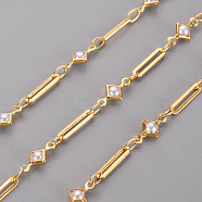 Handmade Brass Chains, with ABS Plastic Imitation Pearl Beads, Soldered, with Spool, Rhombus, Real 18K Gold Plated, 10x2.3x0.5mm 4x2.5x0.3mm, about 16.4 Feet(5m)/roll(CHC-S012-018)