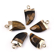 Natural Tiger Eye Pendants, Top Light Gold Plated, with Iron Loop, Scabbard, Faceted, 20x10.5x5mm, Hole: 1.8mm(G-N326-57G)