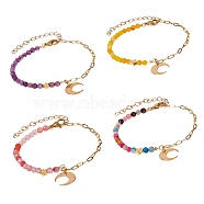 4Pcs 4 Colors Brass Charm Bracelets Sets, with Dyed Natural Agate Beads and 304 Stainless Steel Lobster Claw Clasps, Moon, Golden, Mixed Color, 7-7/8 inch(20cm), 1pc/color(BJEW-SZ0001-020G)
