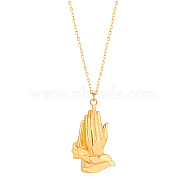Pray Hands Stainless Steel Pendant Necklace with Cable Chains, Golden, Pendant: 36.5x21mm(HT9511-1)