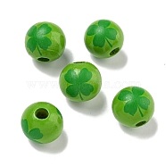 Printed Wood European Beads, Saint Patrick's Day Beads, Round with Clover Pattern, Yellow Green, 15.5~16mm, Hole: 4~4.5mm(WOOD-G022-01B)